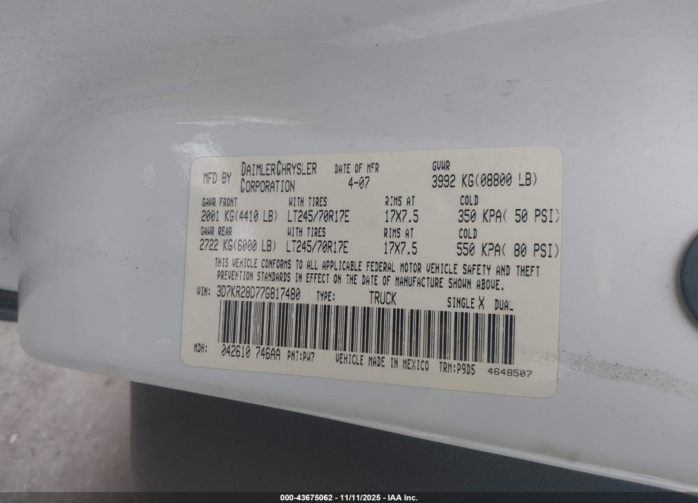 2007 DODGE RAM 2500 VIN: 3D7KR28D77G817480