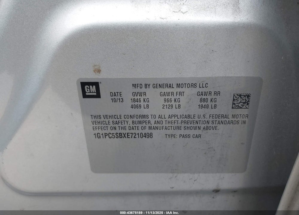 2014 CHEVROLET CRUZE VIN: 1G1PC5SBXE7210498
