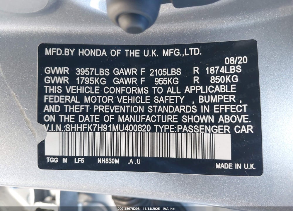 2021 HONDA CIVIC SPORT TOURING VIN: SHHFK7H91MU400820