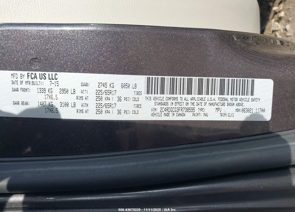 2015 DODGE GRAND CARAVAN SXT PLUS VIN: 2C4RDGCG3FR738595