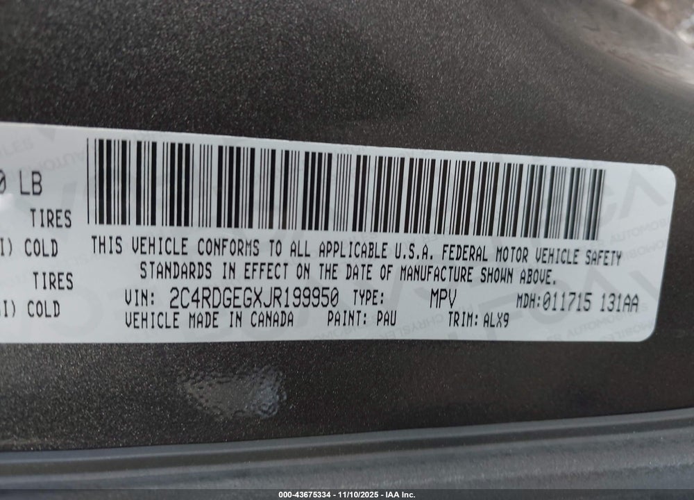 2018 DODGE GRAND CARAVAN GT VIN: 2C4RDGEGXJR199950