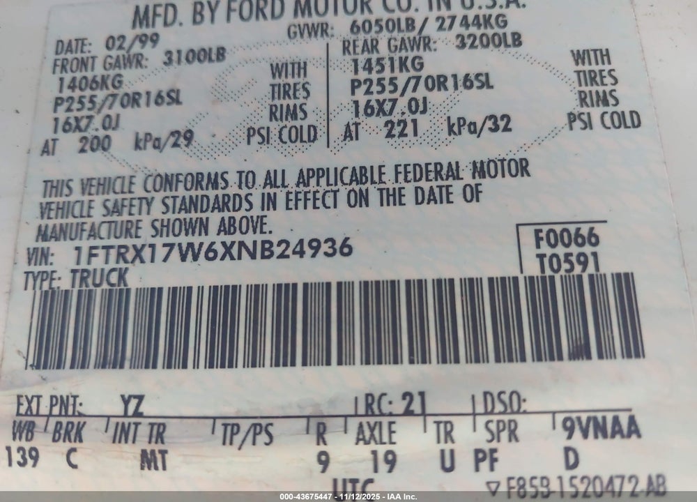 1999 FORD F-150 LARIAT/WORK SERIES/XL/XLT VIN: 1FTRX17W6XNB24936