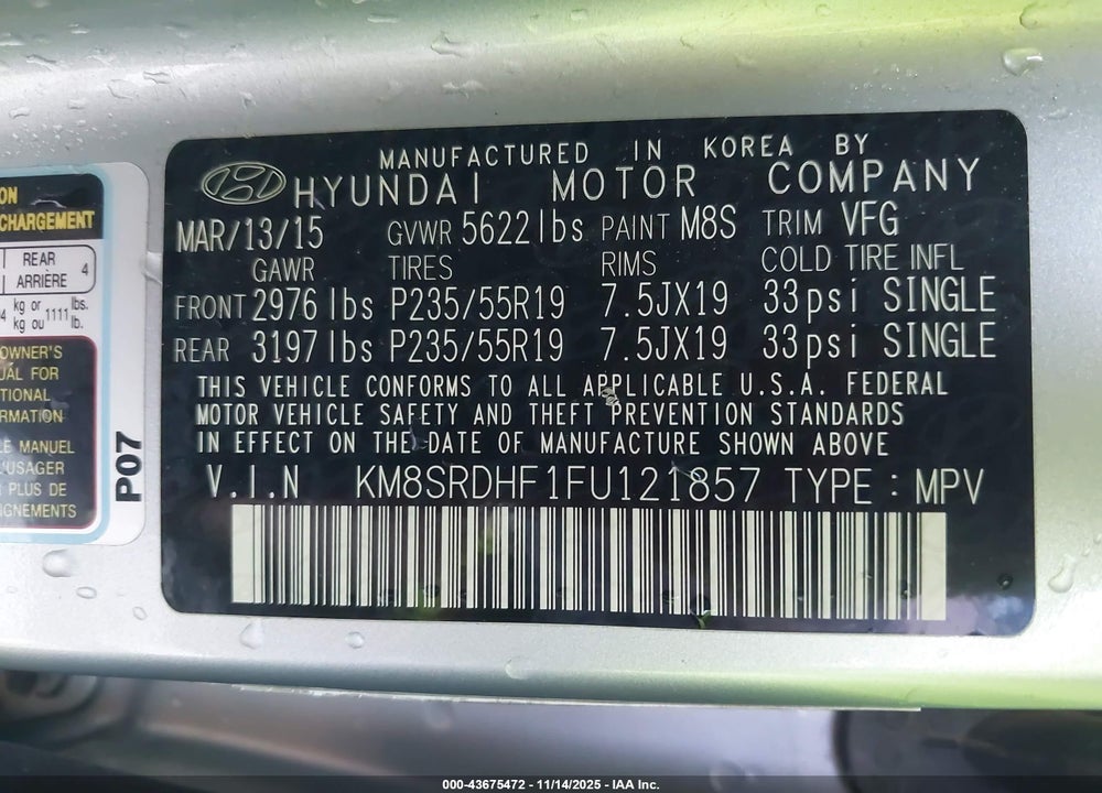 2015 HYUNDAI SANTA FE LIMITED VIN: KM8SRDHF1FU121857