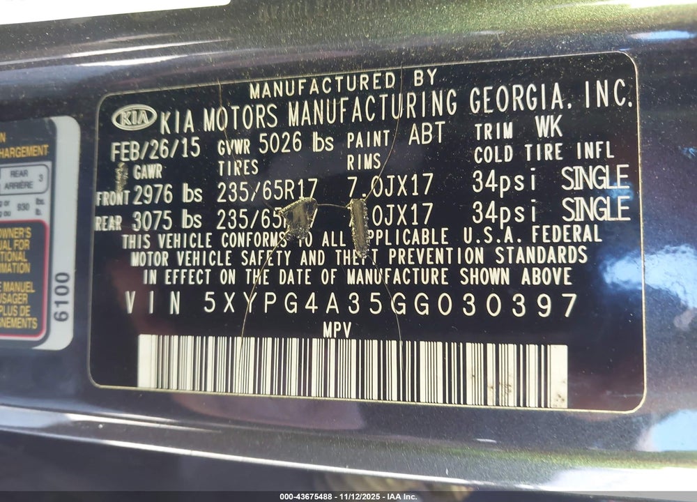 2016 KIA SORENTO 2.4L LX VIN: 5XYPG4A35GG030397