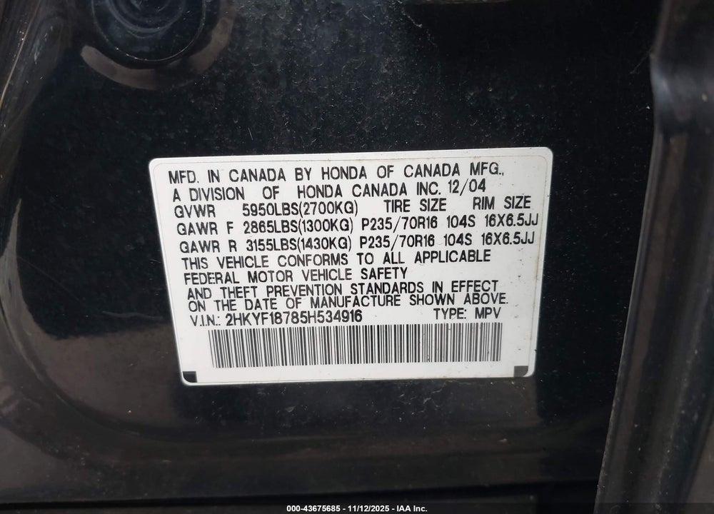 2005 HONDA PILOT EX-L VIN: 2HKYF18785H534916