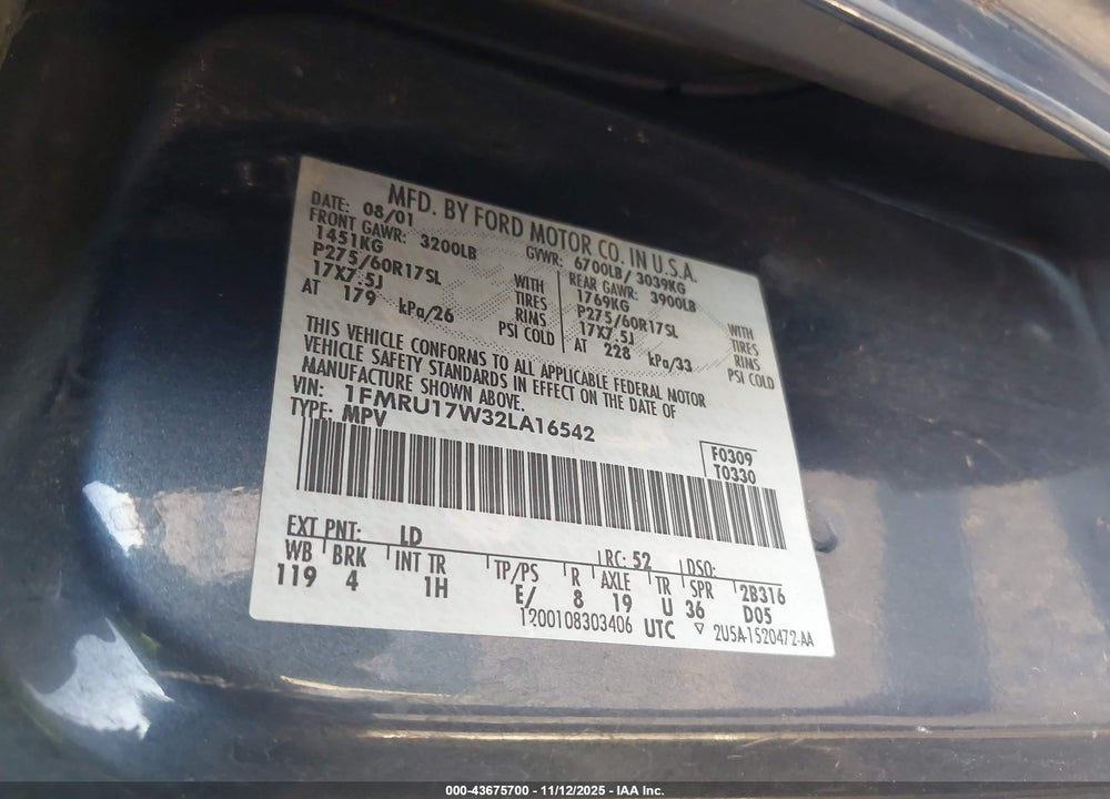2002 FORD EXPEDITION EDDIE BAUER VIN: 1FMRU17W32LA16542