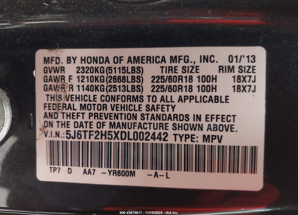 2013 HONDA CROSSTOUR VIN: 5J6TF2H5XDL002442
