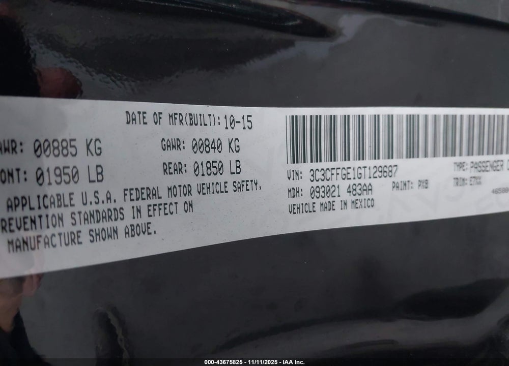 2016 FIAT 500E BATTERY ELECTRIC VIN: 3C3CFFGE1GT129687