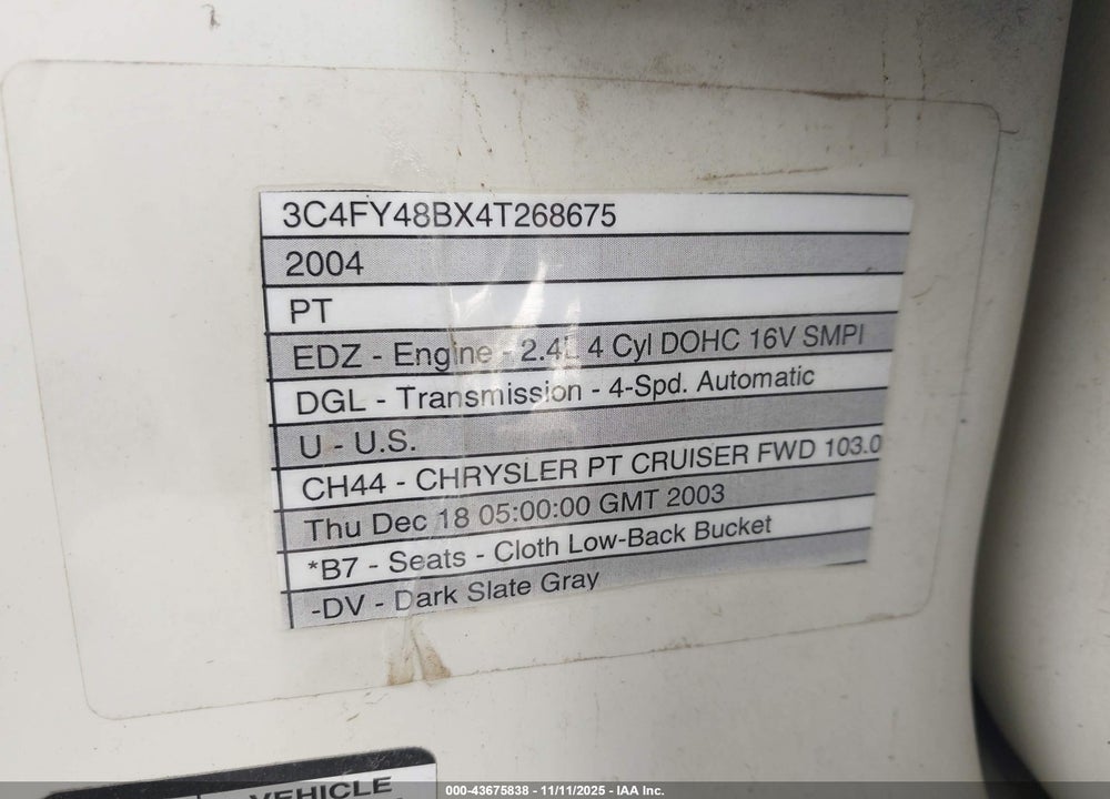 2004 CHRYSLER PT CRUISER VIN: 3C4FY48BX4T268675