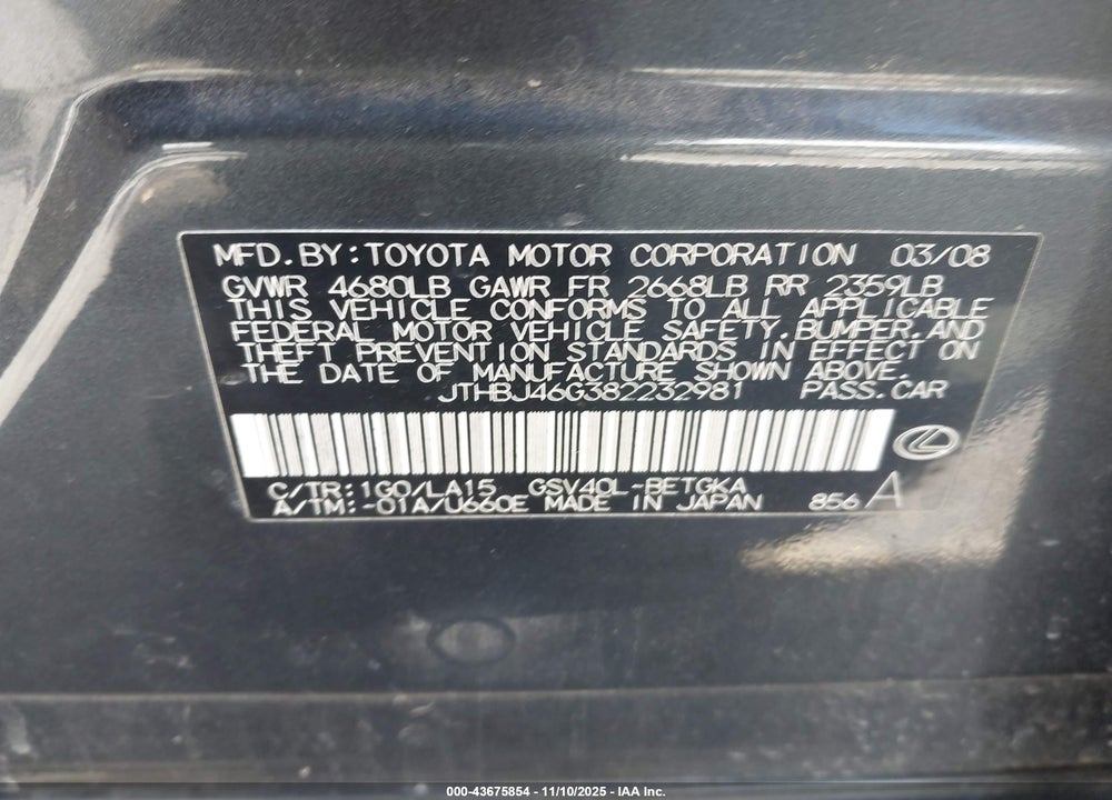 2008 LEXUS ES 350 VIN: JTHBJ46G382232981