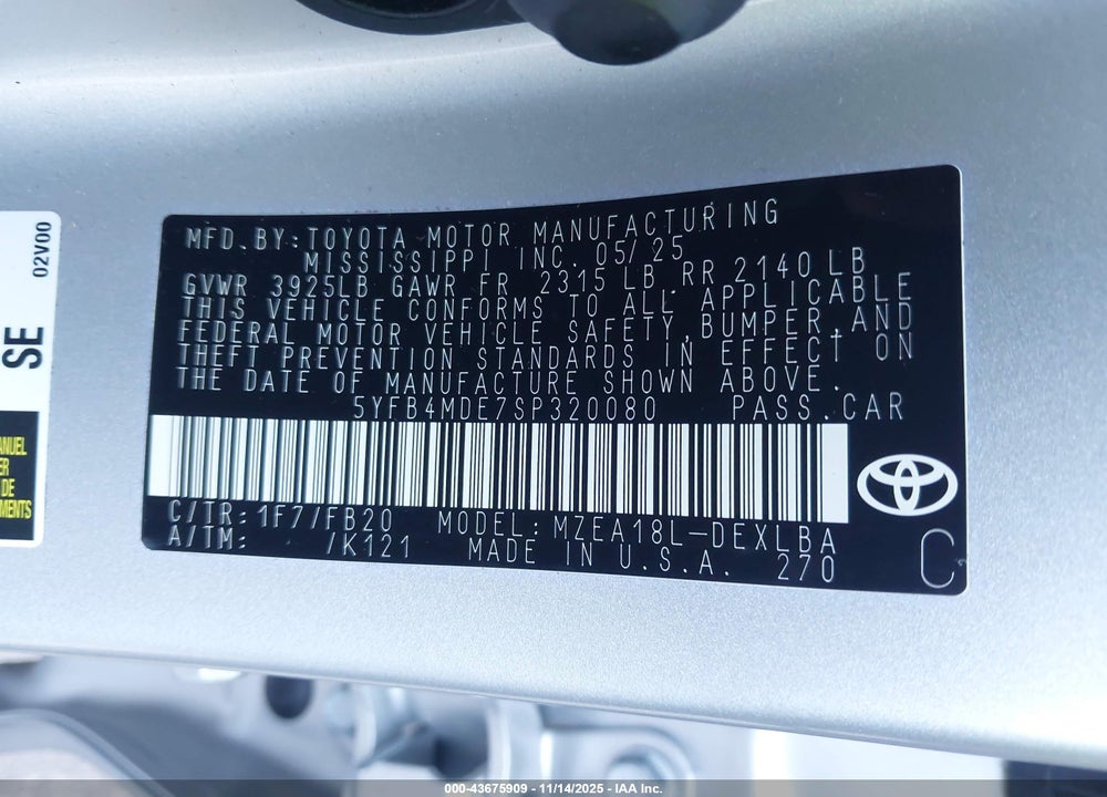 2025 TOYOTA COROLLA LE VIN: 5YFB4MDE7SP320080