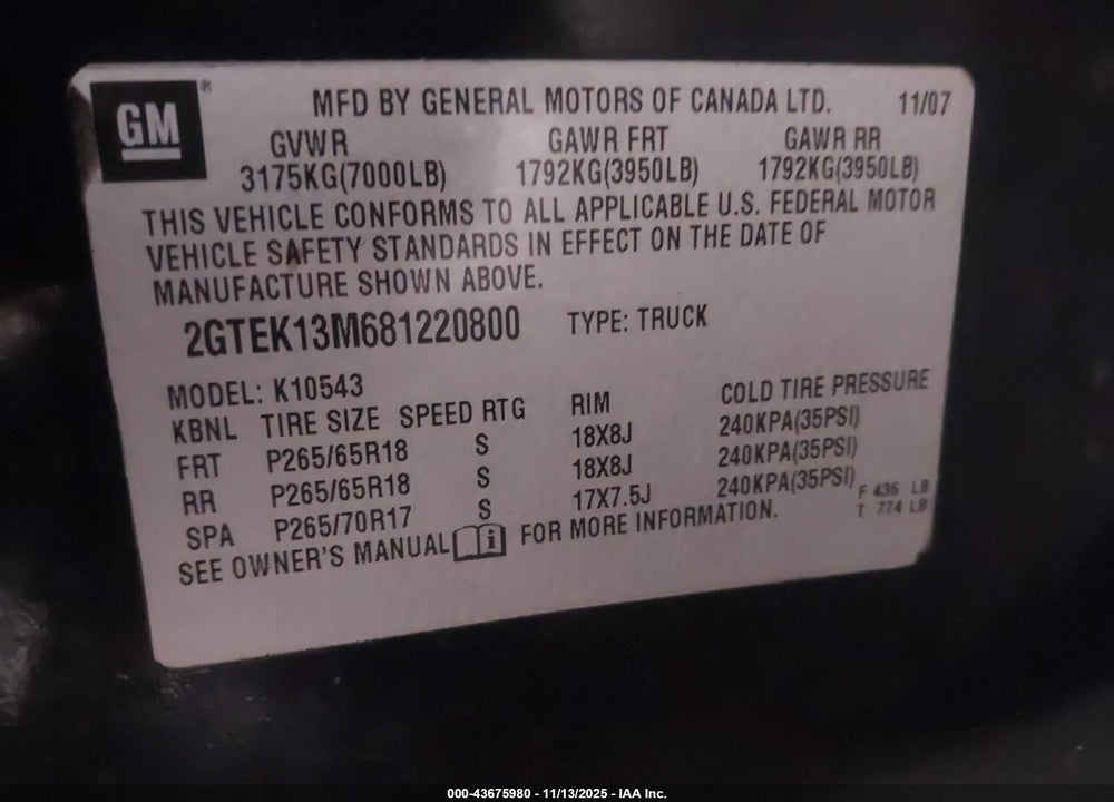 2008 GMC SIERRA 1500 VIN: 2GTEK13M681220800