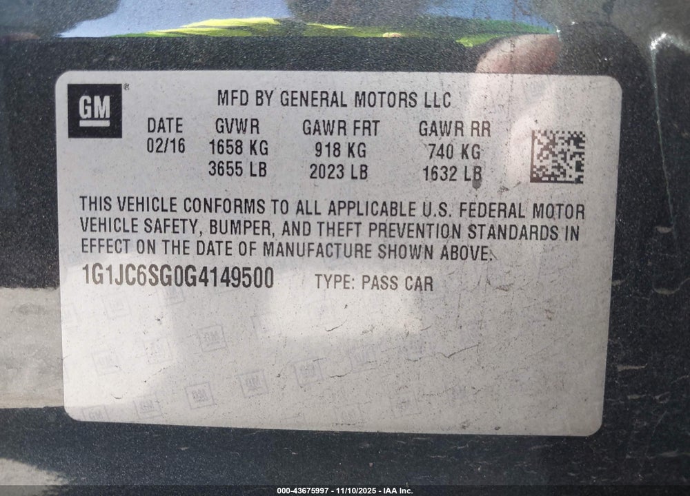 2016 CHEVROLET SONIC LT AUTO VIN: 1G1JC6SG0G4149500