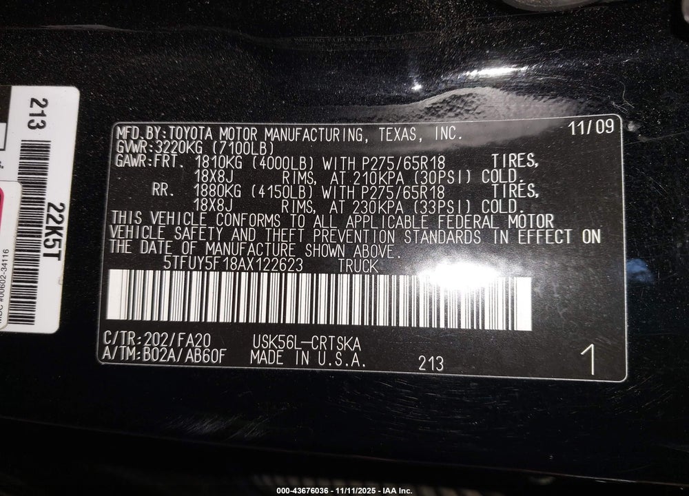 2010 TOYOTA TUNDRA GRADE 5.7L V8 VIN: 5TFUY5F18AX122623