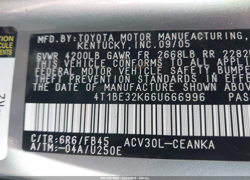 2006 TOYOTA CAMRY LE VIN: 4T1BE32K66U666996