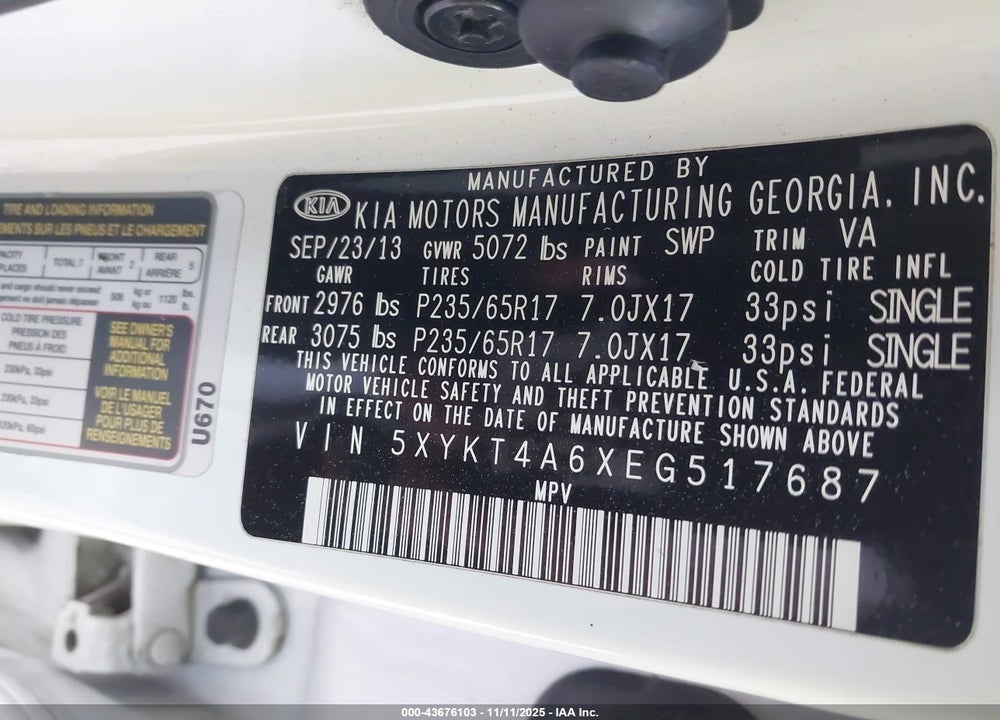 2014 KIA SORENTO LX VIN: 5XYKT4A6XEG517687