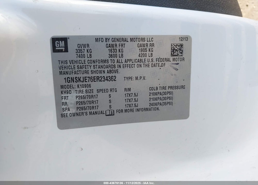 2014 CHEVROLET SUBURBAN 1500 LT VIN: 1GNSKJE76ER234362