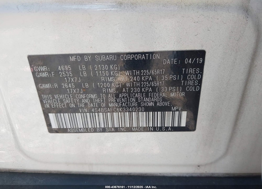 2019 SUBARU OUTBACK VIN: 4S4BSAFC6K3340230