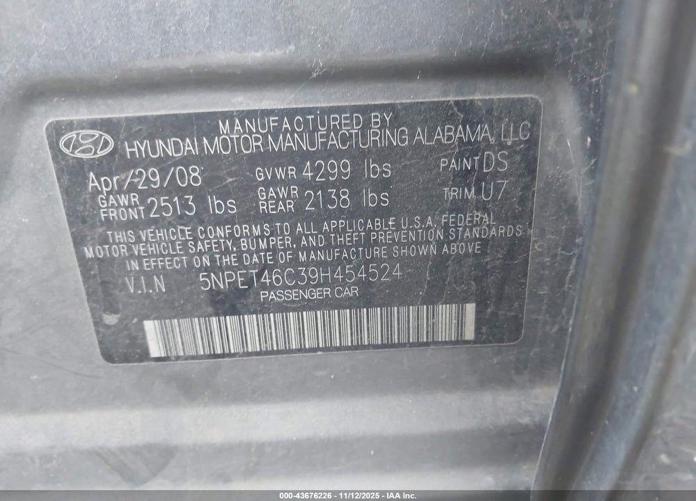 2009 HYUNDAI SONATA VIN: 5NPET46C39H454524