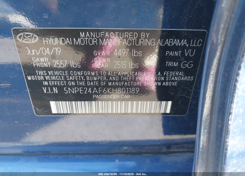 2019 HYUNDAI SONATA SE VIN: 5NPE24AF6KH801189