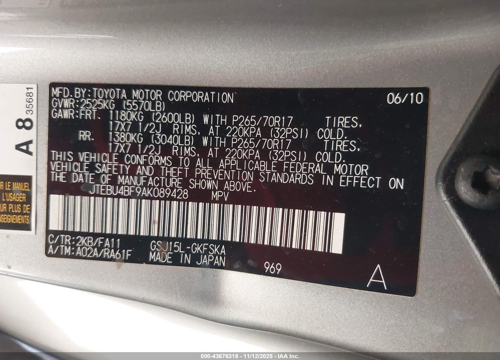 2010 TOYOTA FJ CRUISER VIN: JTEBU4BF9AK089428