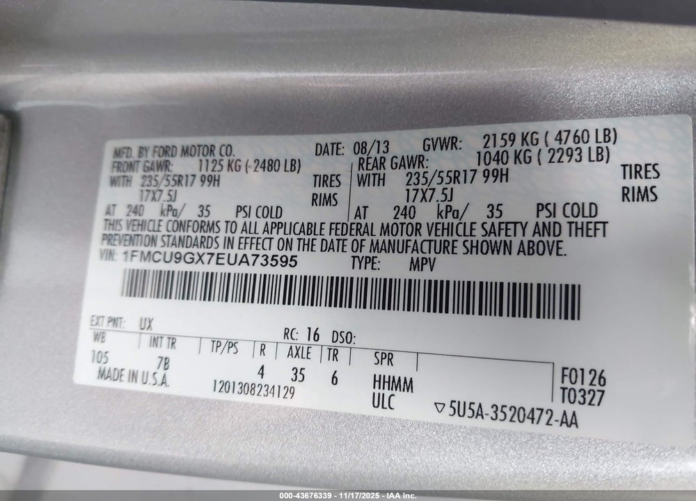 2014 FORD ESCAPE VIN: 1FMCU9GX7EUA73595