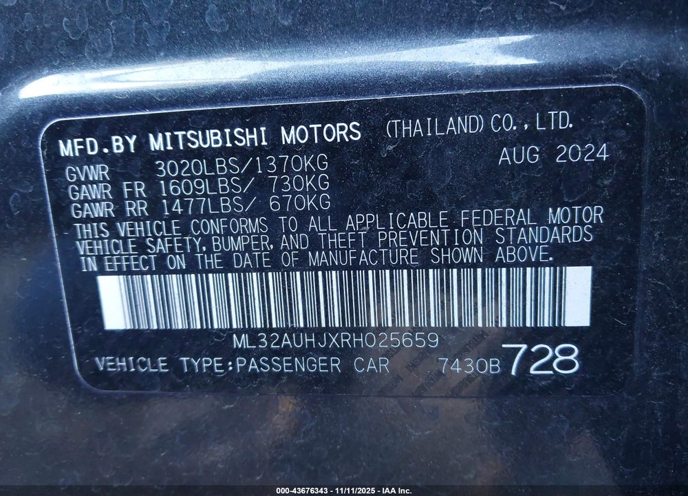 2024 MITSUBISHI MIRAGE ES/LE VIN: ML32AUHJXRH025659