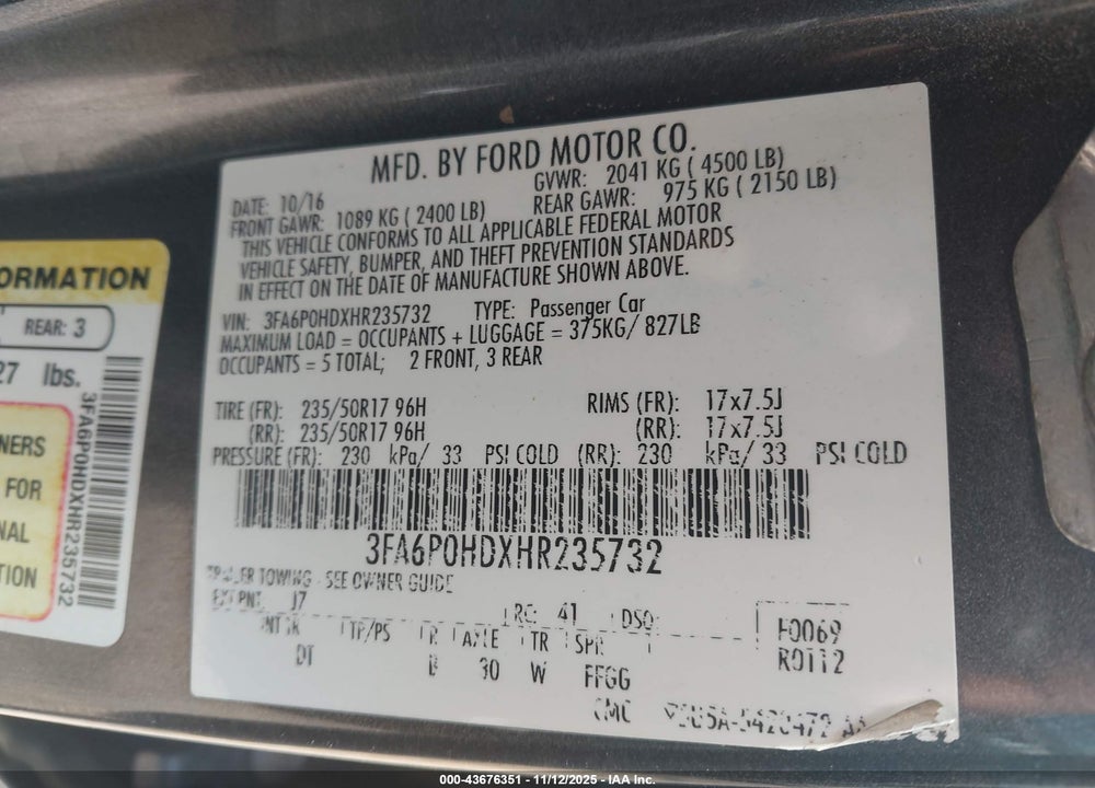 2017 FORD FUSION SE VIN: 3FA6P0HDXHR235732