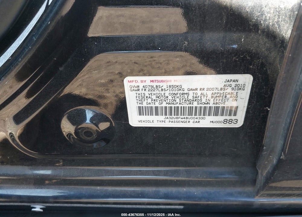 2011 MITSUBISHI LANCER GTS VIN: JA32U8FW4BU004330