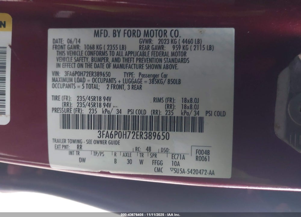 2014 FORD FUSION SE VIN: 3FA6P0H72ER389650