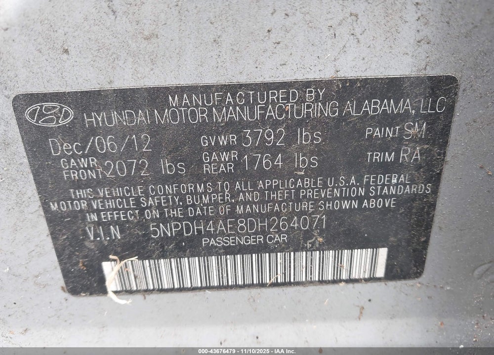 2013 HYUNDAI ELANTRA GLS VIN: 5NPDH4AE8DH264071