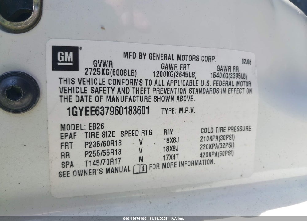 2006 CADILLAC SRX VIN: 1GYEE637960183601