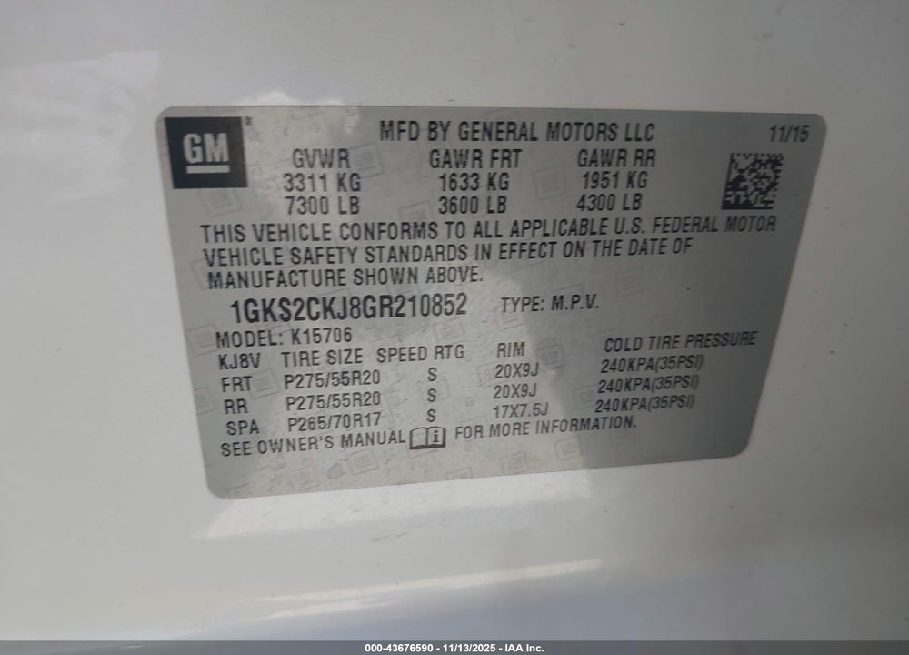 2016 GMC YUKON DENALI VIN: 1GKS2CKJ8GR210852