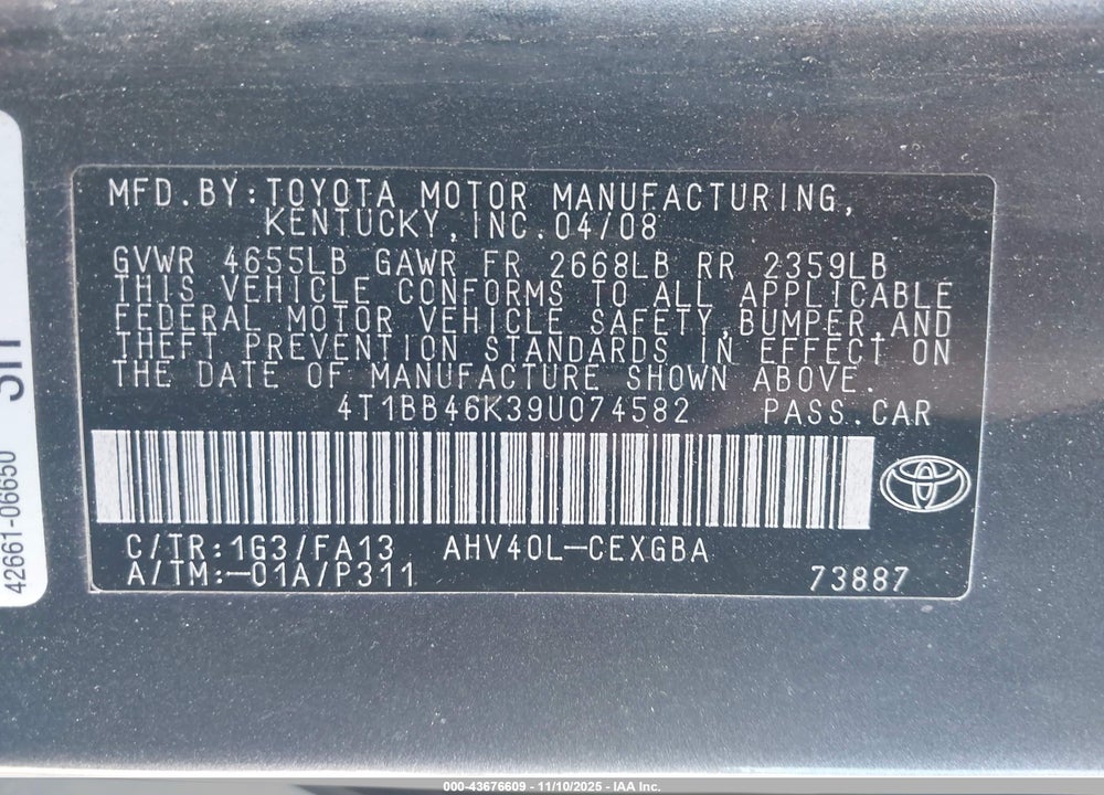 2009 TOYOTA CAMRY HYBRID VIN: 4T1BB46K39U074582