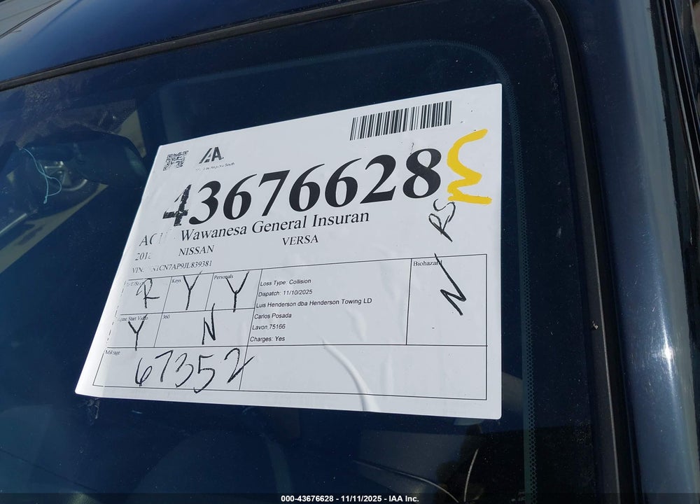 2018 NISSAN VERSA 1.6 S+ VIN: 3N1CN7AP9JL839381