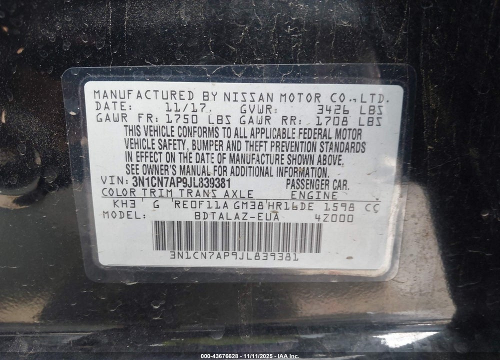 2018 NISSAN VERSA 1.6 S+ VIN: 3N1CN7AP9JL839381