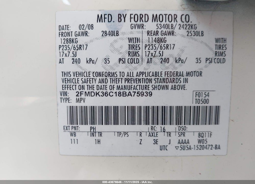 2008 FORD EDGE SE VIN: 2FMDK36C18BA75939