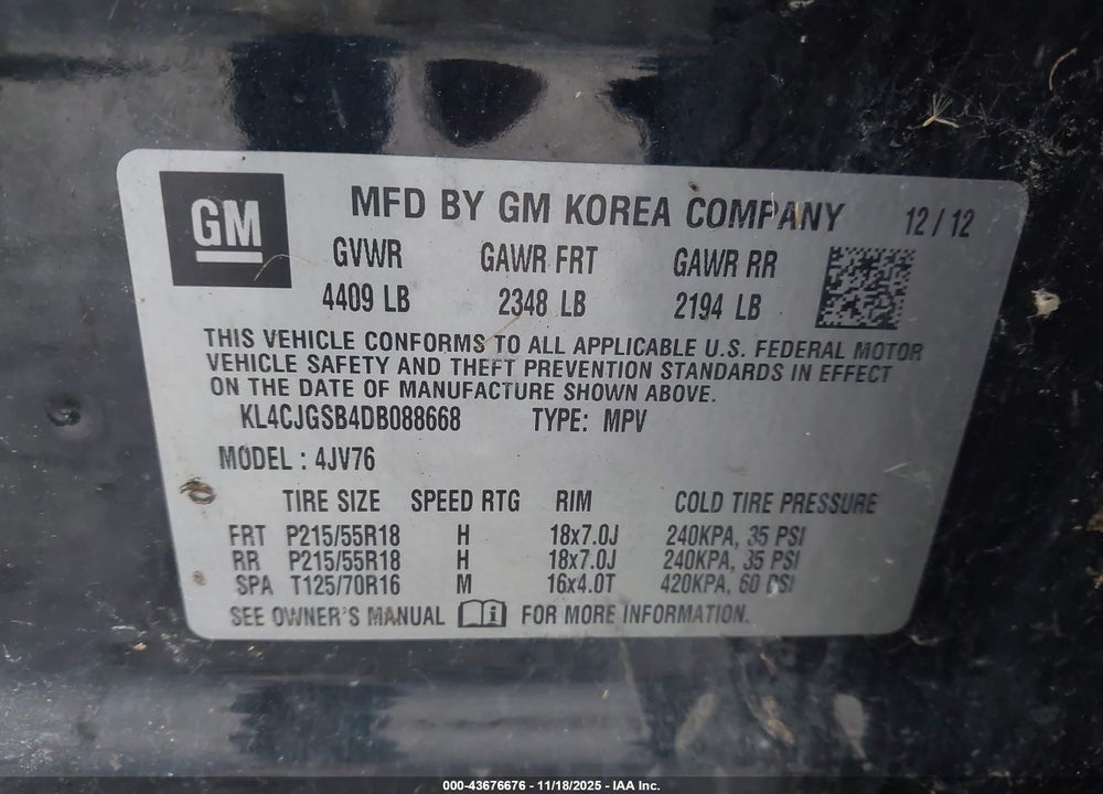 2013 BUICK ENCORE LEATHER VIN: KL4CJGSB4DB088668
