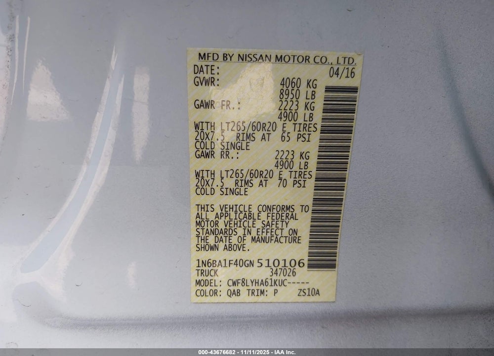 2016 NISSAN TITAN XD PLATINUM RESERVE DIESEL VIN: 1N6BA1F40GN510106