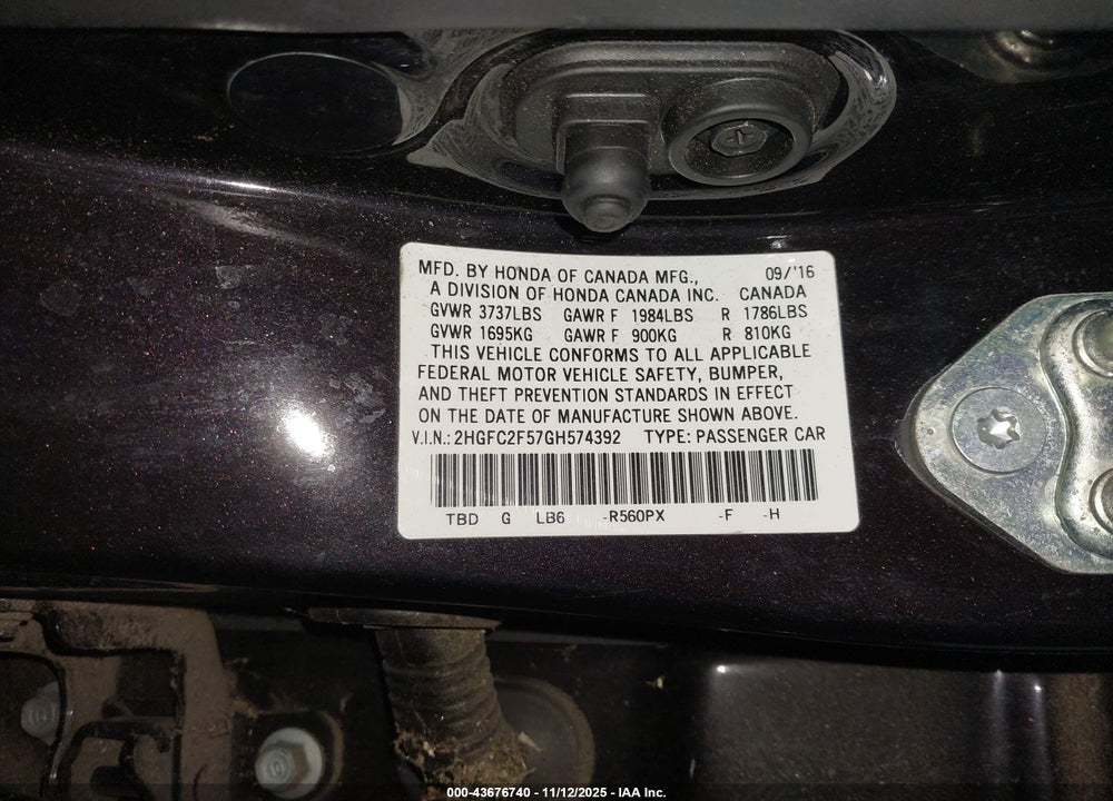 2016 HONDA CIVIC LX VIN: 2HGFC2F57GH574392
