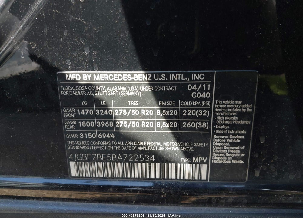 2011 MERCEDES-BENZ GL 450 4MATIC VIN: 4JGBF7BE5BA722534