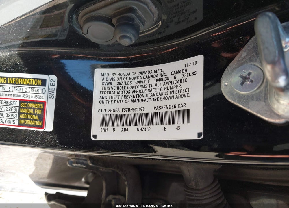 2011 HONDA CIVIC LX VIN: 2HGFA1F57BH531079