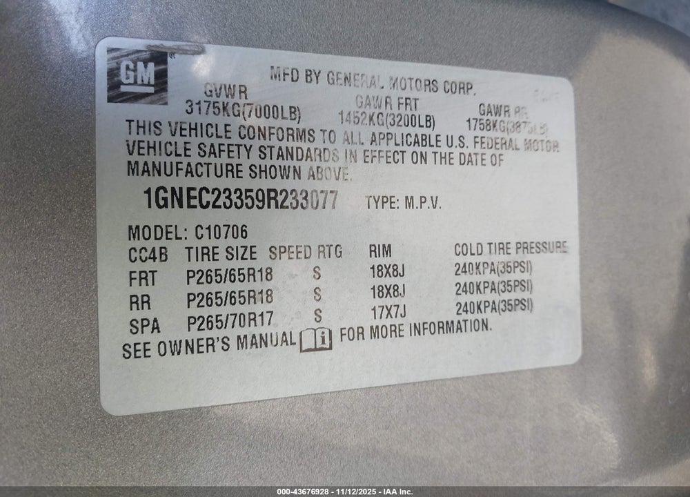 2009 CHEVROLET TAHOE LT1 VIN: 1GNEC23359R233077