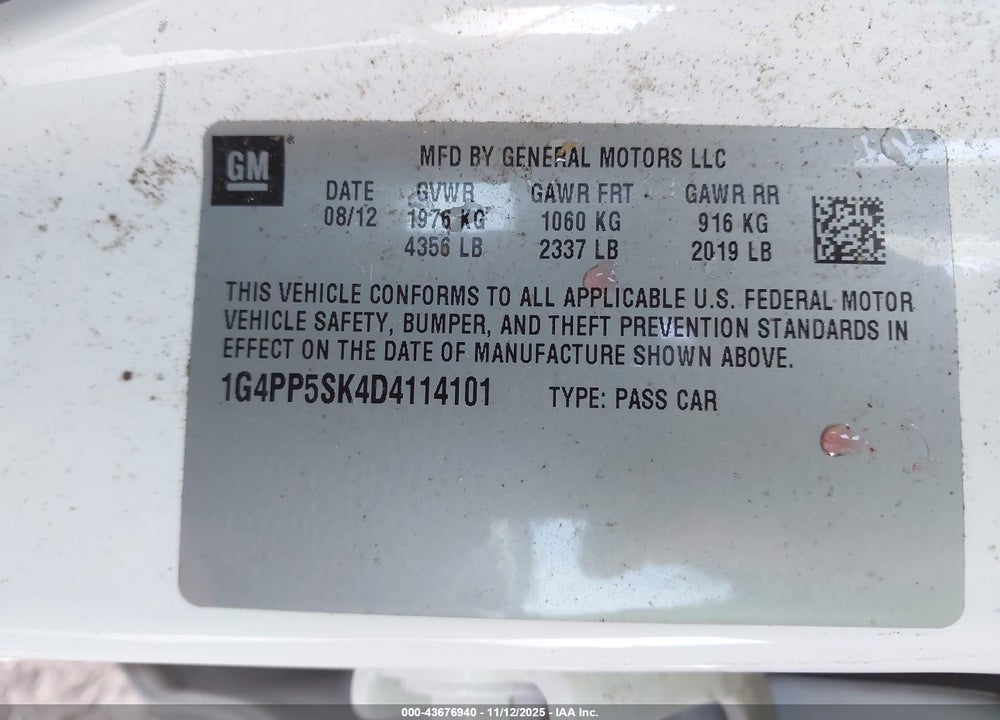 2013 BUICK VERANO VIN: 1G4PP5SK4D4114101
