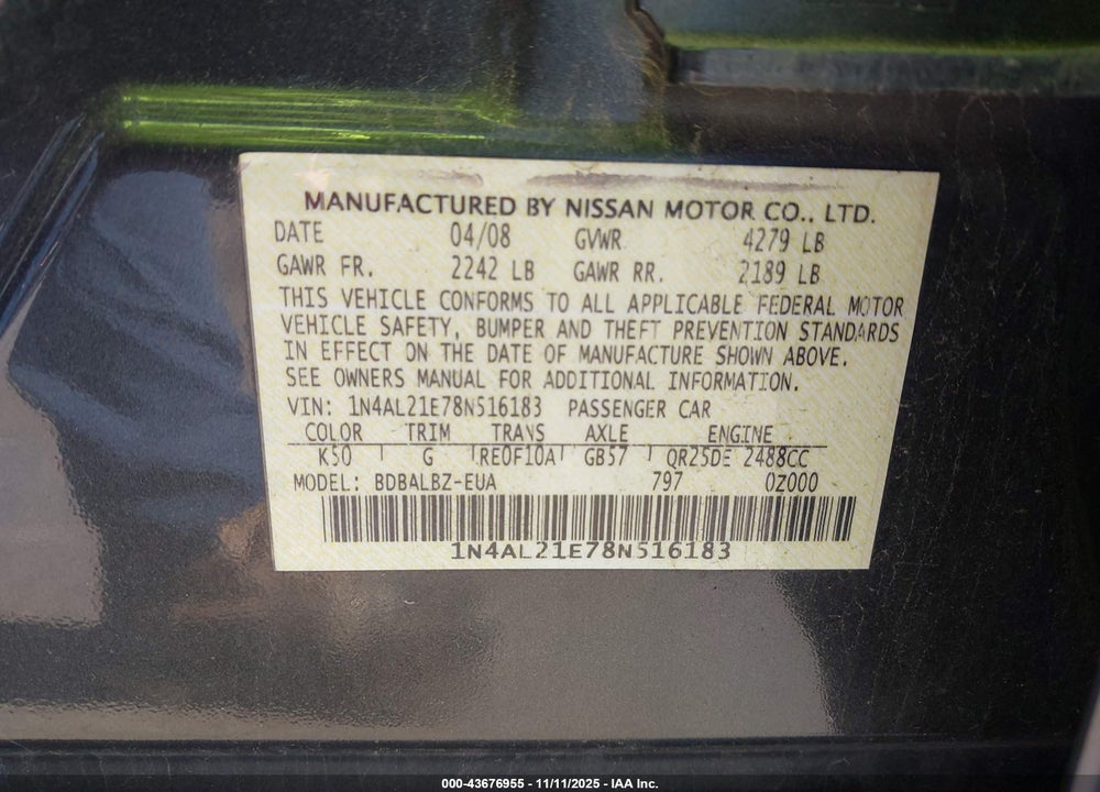 2008 NISSAN ALTIMA VIN: 1N4AL21E78N516183