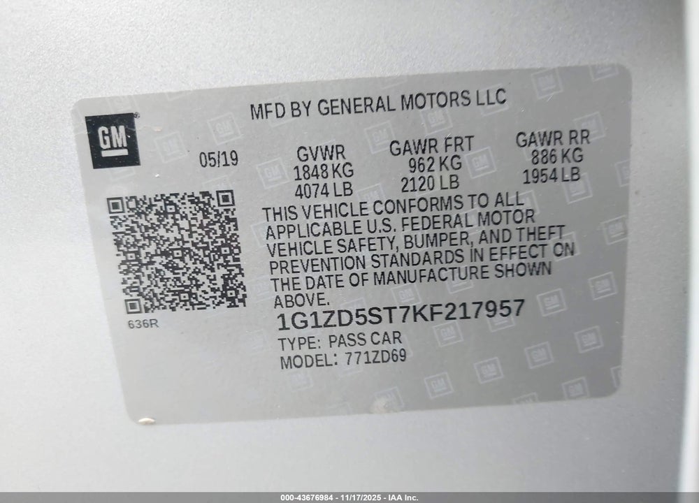 2019 CHEVROLET MALIBU LT VIN: 1G1ZD5ST7KF217957