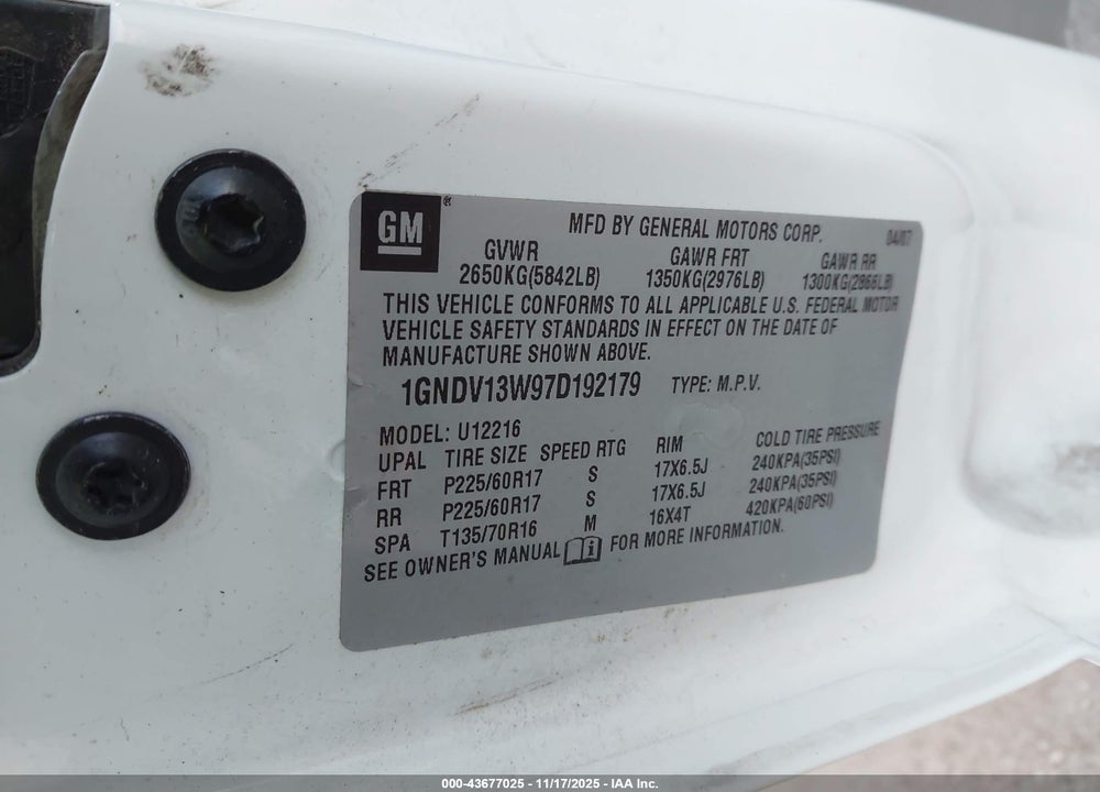 2007 CHEVROLET UPLANDER CARGO VIN: 1GNDV13W97D192179