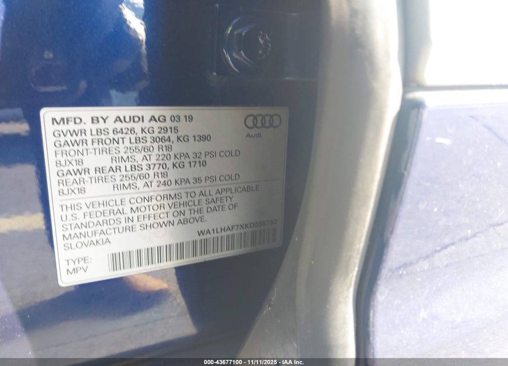 2019 AUDI Q7 45 SE PREMIUM/PREMIUM PLUS VIN: WA1LHAF7XKD039782