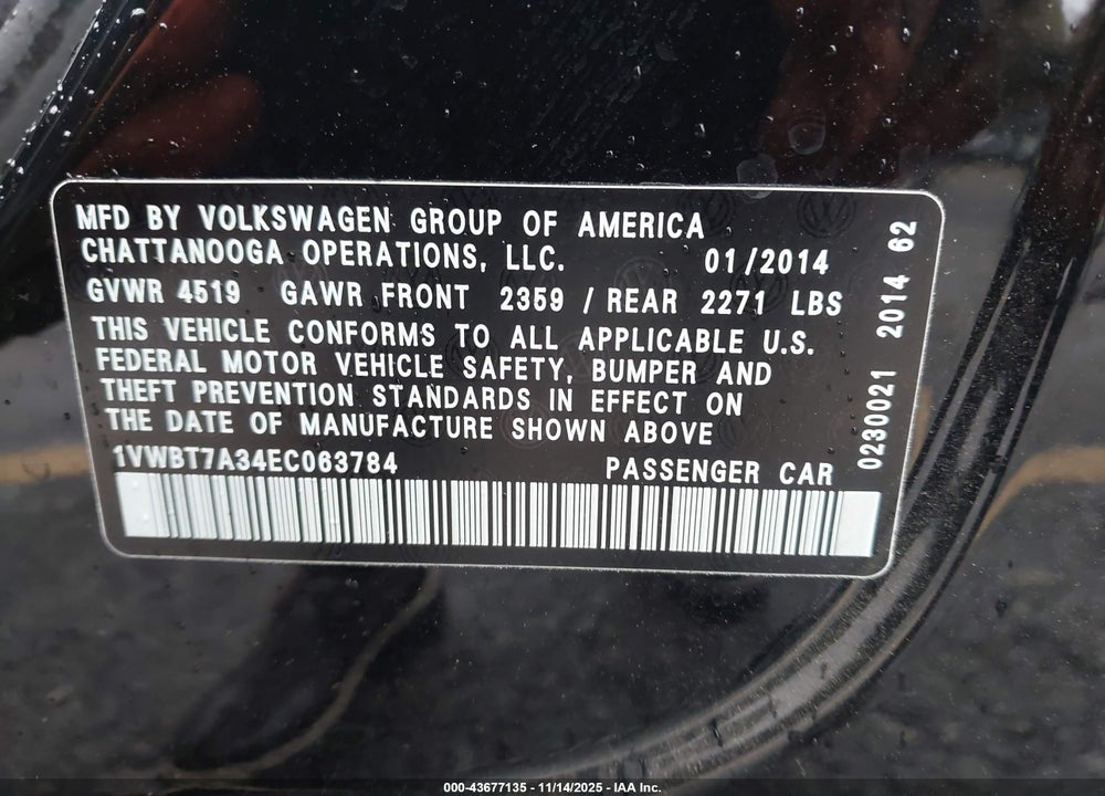 2014 VOLKSWAGEN PASSAT 1.8T SE VIN: 1VWBT7A34EC063784