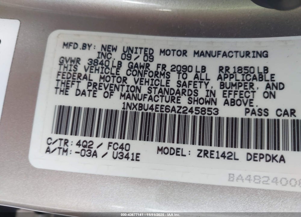 2010 TOYOTA COROLLA LE VIN: 1NXBU4EE6AZ245853